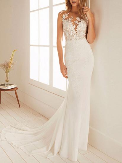 Sleeveless Chiffon Lace White Mermaid Wedding Dresses Long