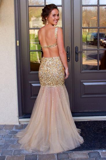 Gold Sequined 2022 Prom Dresses Straps Mermaid Sequins Backless See Through Evening Gowns_1