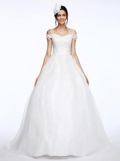 Ball Gown Wedding Dress Off Shoulder Organza Beaded Lace Short Sleeve Bridal Gowns with Court Train_4