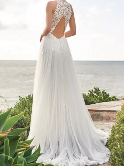 Beach A-Line Wedding Dress Jewel Lace Satin Tulle Sleeveless Bridal Gowns with Sweep Train_2