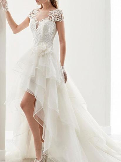 Vintage Asymmetrical A-Line Wedding Dress Jewel Lace Organza Short Sleeve Sexy Bridal Gowns Sweep Train