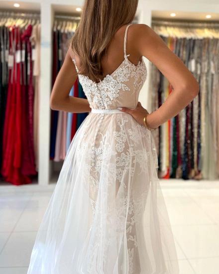 Stunning Spaghetti Straps Sweetheart Lace Mermaid Evening Dress with Tulle Detachable Train_6