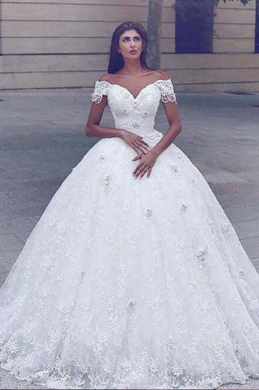 Elegant Lace Off-the-shoulder White Lace Ball Gown Wedding Dress