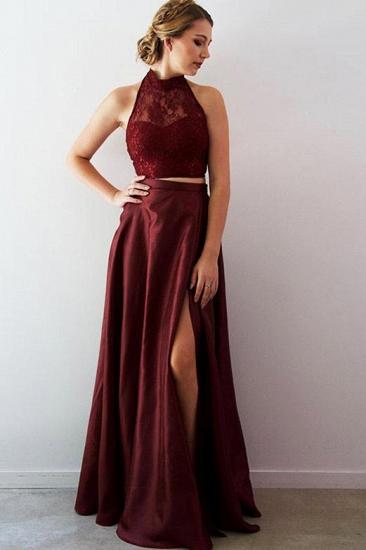 Two Piece Lace A-Line Split Front Floor-Length Halter Prom Dress