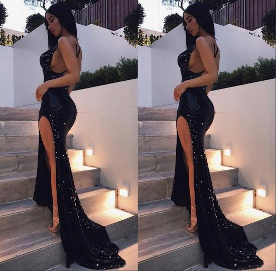 Sexy Black Sequins Backless Party Gown Long Split Prom Dress_3