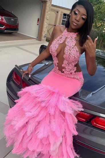 Pink Halter Mermaid Feather Prom Dress Appliques Evening Dressing_2