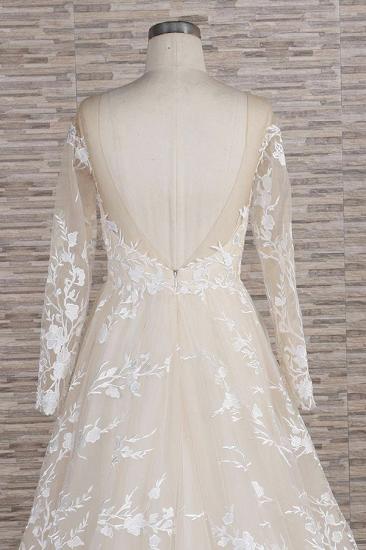 Glamorous Jewel Longsleeves Champagne Wedding Dress | A-line Lace Bridal Gowns With Appliques_7