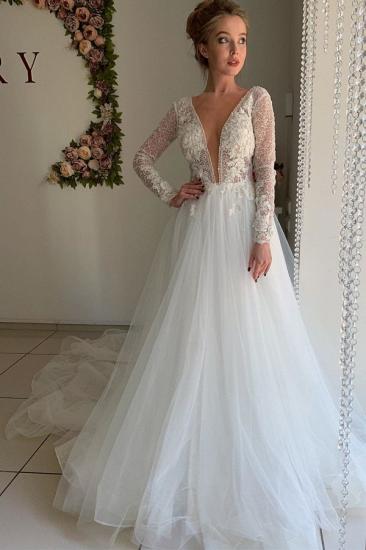 Winter Warm Long sleeves V-neck White Tulle Princess Wedding Dress_1