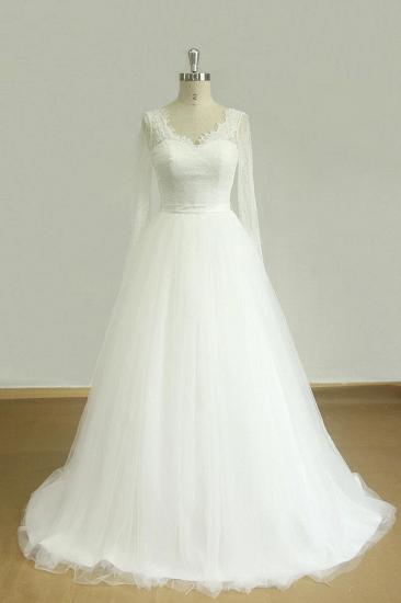 Erschwingliches A-Linie weißes Spitzen-Tüll-Hochzeitskleid | Langarm-Brautkleider mit V-Ausschnitt