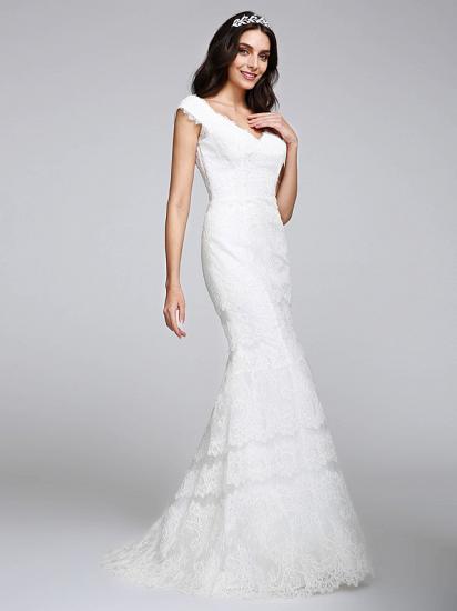 Romantisches Meerjungfrau-Hochzeitskleid mit V-Ausschnitt, durchgehender Spitze, Flügelärmeln, sexy, rückenfreien Brautkleidern, Illusionsdetail_5