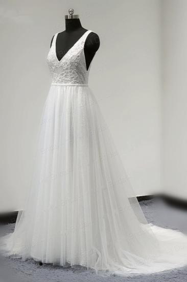 TsClothzone Chic Straps V-Ausschnitt Weiß Tüll Brautkleid Ärmellos Rüschen Brautkleider Im Angebot_4