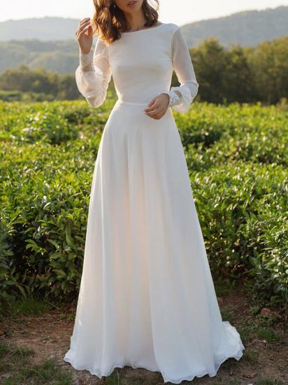 Chiffon White Long Sleeves Backless Lace A-Line Wedding Dresses_4