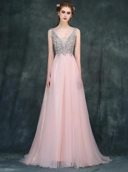 Pink Luxury A-line Long Backless V-Neck Beaded Prom Dresses