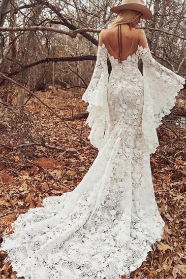 Long wide sleeves v-neck lace column wedding dress_2