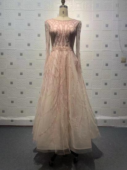 Elegant and Noble A-Line Pink Long Sleeve Floor-Length Evening Dress | Sheer Long Sleeve Dress_2