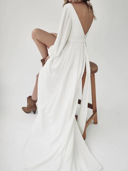 Chic White Satin Long Sleeves V Neck Split Prom Dresses_3