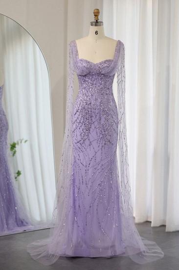 Wunderschöne herzförmige lila Meerjungfrau-Abendkleider mit Cape-Ärmeln, glitzernden Perlen und Pailletten, langes Hochzeitskleid