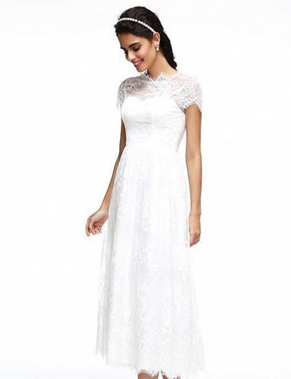 A-Line Wedding Dresses Jewel Neck Tea Length Lace Short Sleeve Simple Casual Illusion  Backless_6