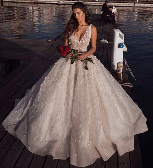 2022 Elegantes Brautkleid mit V-Ausschnitt | Ärmelloses Braut-Ballkleid mit Blumen_4