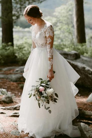 Charming White Floral Lace Wedding Dress Tulle Long Sleeve Garden Bridal Dress_1