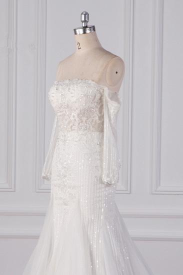 TsClothzone Wunderschönes trägerloses weißes Tüll-Spitzen-Hochzeitskleid mit langen Ärmeln und Perlenbesatz Brautkleider im Angebot_6