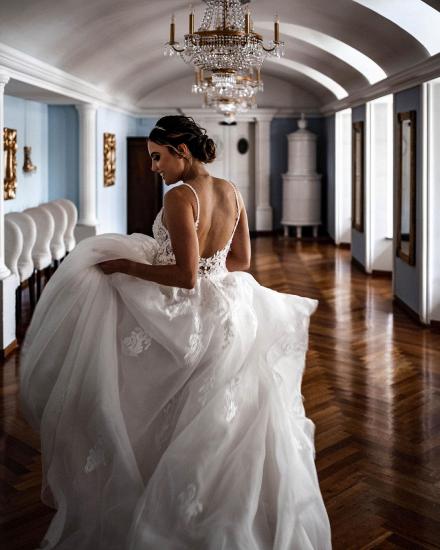 Simple A-line Wedding Dresses V-neck Lace Appliques Bridal Dress_2