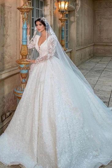 Glamorous V-Neck Long Sleeves A-line Princess Bridal Dress with Sweep Train_1