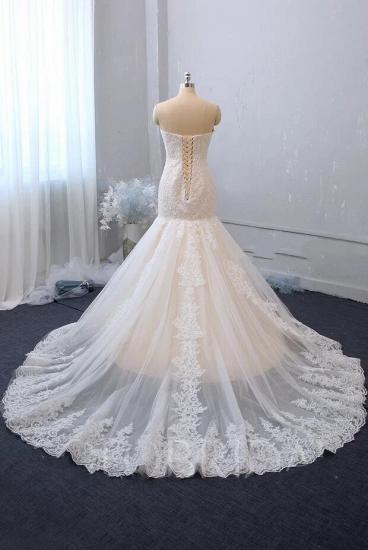 Glamorous Strapless White/Ivory Lace Tulle Mermaid Bridal Gown with Sweep Train_2