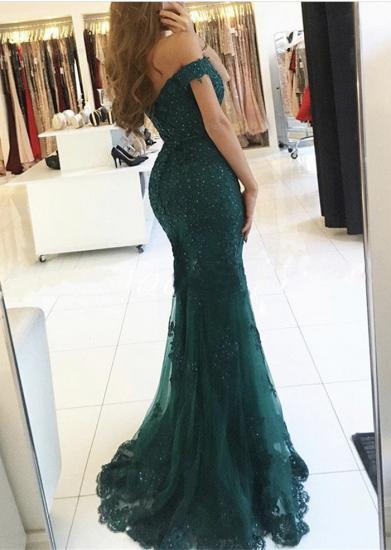 Dark Green Charming Mermaid Evening Gowns Off-the-Shoulder Lace Appliques 2022 Prom Dress_1