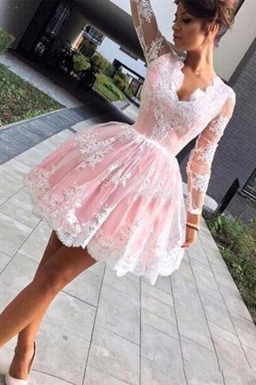 Long sleeves Lace Pink Back to school V-neck Puffy Homecoming Dress_1