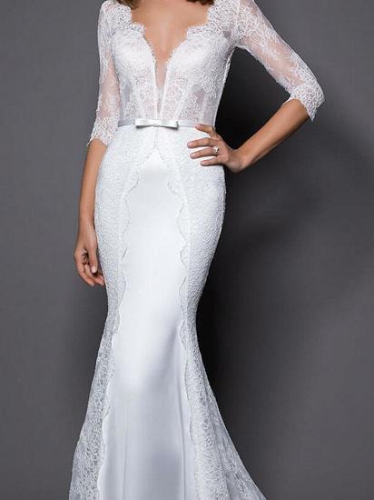 Country Plus Size Mermaid Wedding Dress V-neck Lace Satin Half Sleeve Bridal Gowns with Sweep Train_3