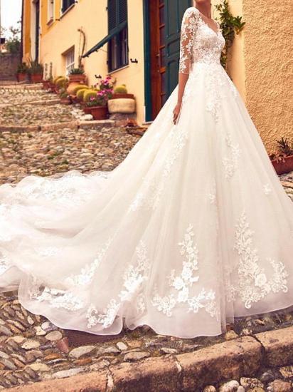 A-Line-Formal-Sexy-Illusion-Sleeve-Wedding-Dresses-Sweep-Train-Lace-Tulle-3\4-Sleeve-Dress