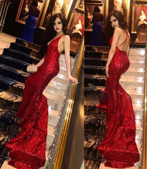 Sexy Sequined Red V-Neck Prom Dresses | Backless Mermaid Evening Dresses_3
