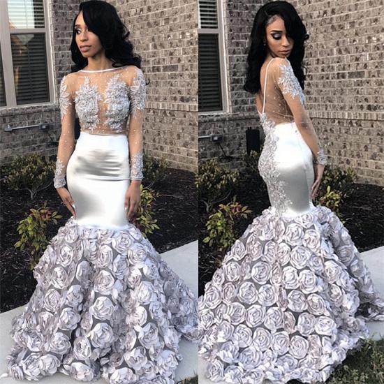 Silver Flowers Sexy See Through Prom Dresses | Long Sleeve Beads Lace Mermaid Graduation Dress_5