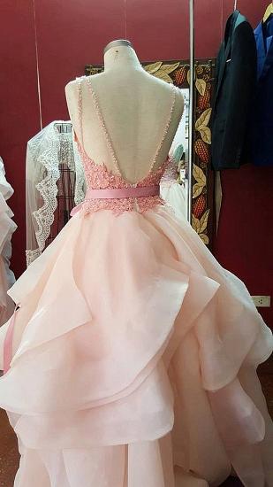A-Line Pink Lace Tiered 2022 Prom Dress Open Back Sleeveless Bowknot Party Gowns_3
