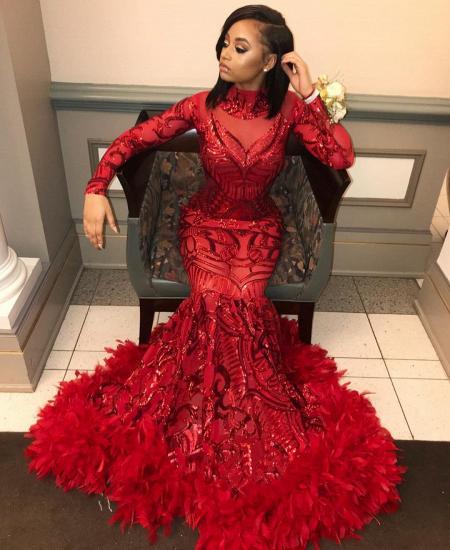 Long Sleeve Mermaid Red Prom Dresses Cheap 2022 | Sequins Appliques Feather Evening Dress_2