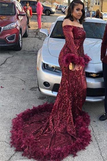 Sexy Off-the-shoulder Burgundy Shining Sequined Long Prom Dress with Fur_2