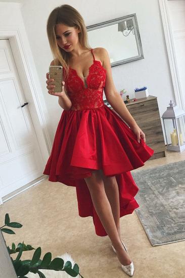 Red Hi-lo Cheap Homecoming Dresses | Spaghetti Straps Lace Short Evening Dresses
