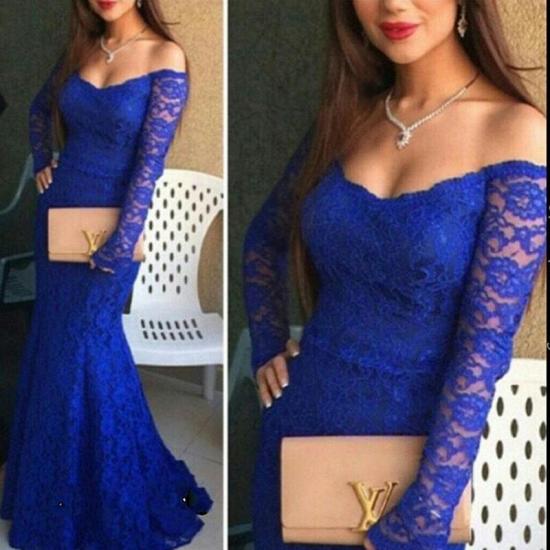 Mermaid Long Sleeve Royal Blue 2022 Evening Dress Lace Off the Shoulder Party Gown