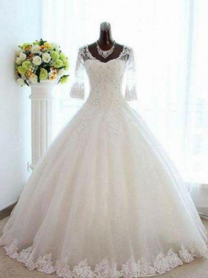 Floor-Length Tulle Ball Gown Beading V-neck 3/4 Sleeves Bateau Wedding Dresses
