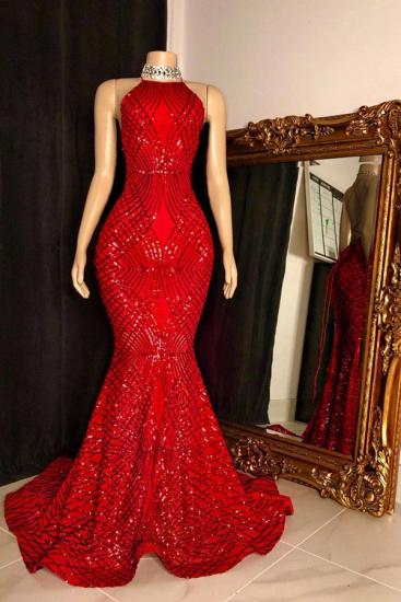 Halter Lace-up Sequins Floor Length Red Mermaid Prom Dresses_1