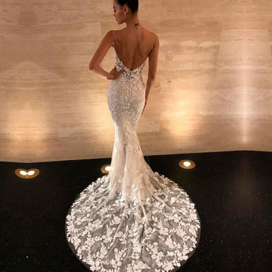 Sexy Spaghetti-Straps Lace Appliques Wedding Dress Mermaid Bridal Gowns_3