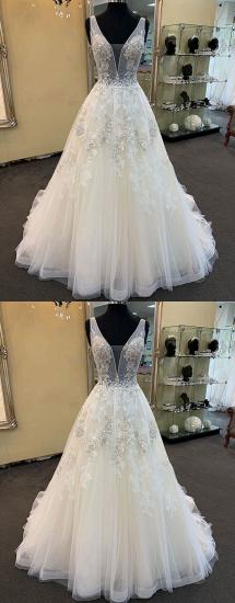 TsClothzone Glamorous Unique White Tulle V-Neck Wedding Dress Long Beaded Lace Bridal Gowns On Sale_4