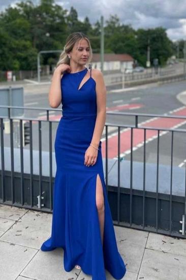 Einfaches, ärmelloses, königsblaues, bodenlanges Abendkleid mit Seitenschlitz | Ballkleider lang günstig_1