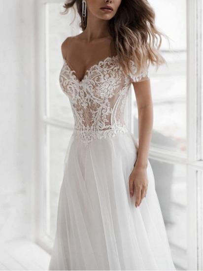 Beach  Boho A-Line Wedding Dress Off Shoulder Lace Tulle Short Sleeve Sexy See-Through Bridal Gowns with Sweep Train_2