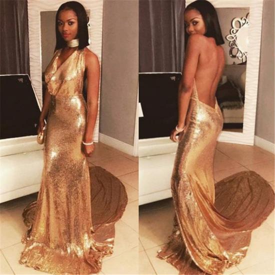 2022 Halter Backless Sequins Prom Dresses Sexy | Gold Sequins V-neck Evening Gown with Long Train_3
