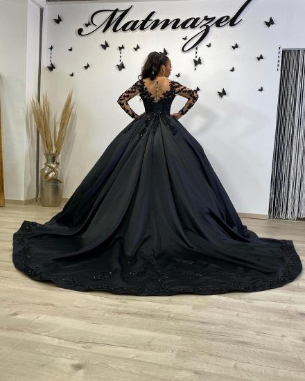 Stunning Black Lace Ball Gown Long Sleeves Floral  Dancing Party Dress with Sweep Train_3