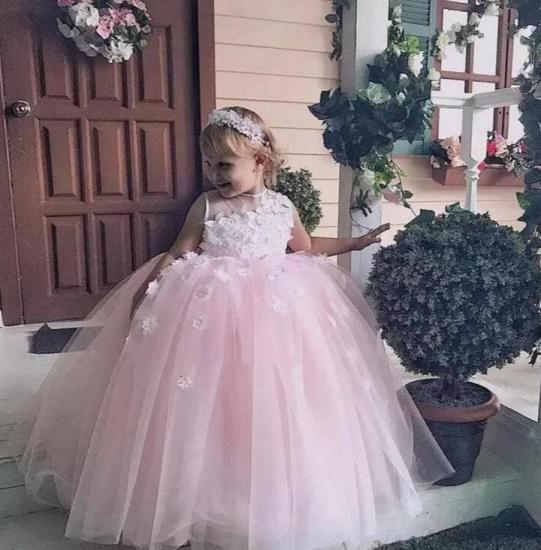 Cute Puffy Jewel Spring Lace Appliqued Sleeveless Flower Girl Dresses | Crew Long Tulle Little Girl Pageant Dress_3