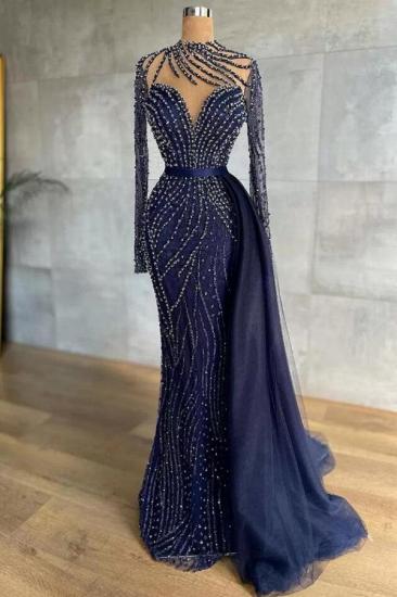 Trendy Turtleneck Navy Mermaid Evening Dress with Detachable Tulle Train Crystal Beads Long Ball Gown