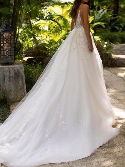 Formal A-Line Wedding Dress V-neck Lace Tulle Sleeveless Sexy Bridal Gowns with Court Train_2